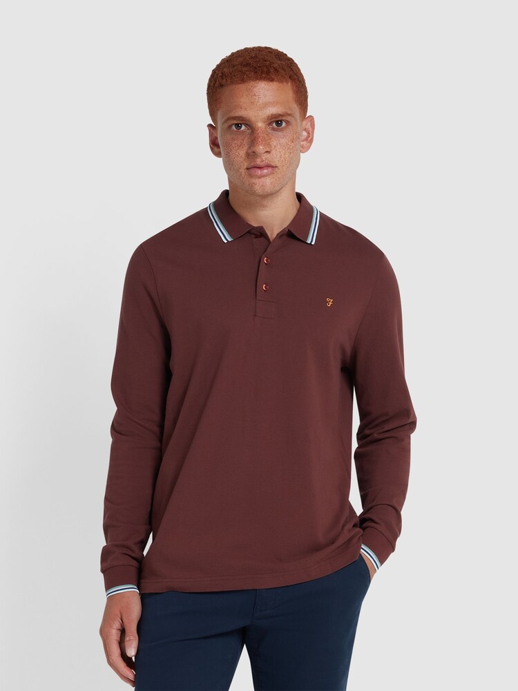 Farah Red Alvin Tipped Collar Long Sleeve Polo Shirt - Image 1 of 5