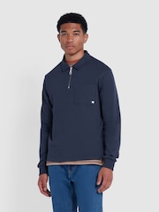 Farah Blue Creston Quarter Zip Long Sleeve Rugby Polo Shirt - Image 1 of 5