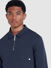 Farah Blue Creston Quarter Zip Long Sleeve Rugby Polo Shirt - Image 4 of 5