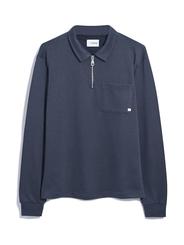 Farah Blue Creston Quarter Zip Long Sleeve Rugby Polo Shirt - Image 5 of 5