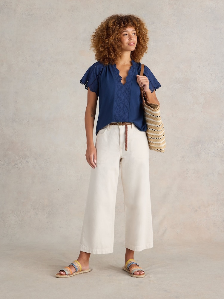 White Stuff Blue Flutter Sleeve Broderie Top - Image 1 of 6 White Stuff Blue Flutter Sleeve Broderie Top - Image 1 of 6