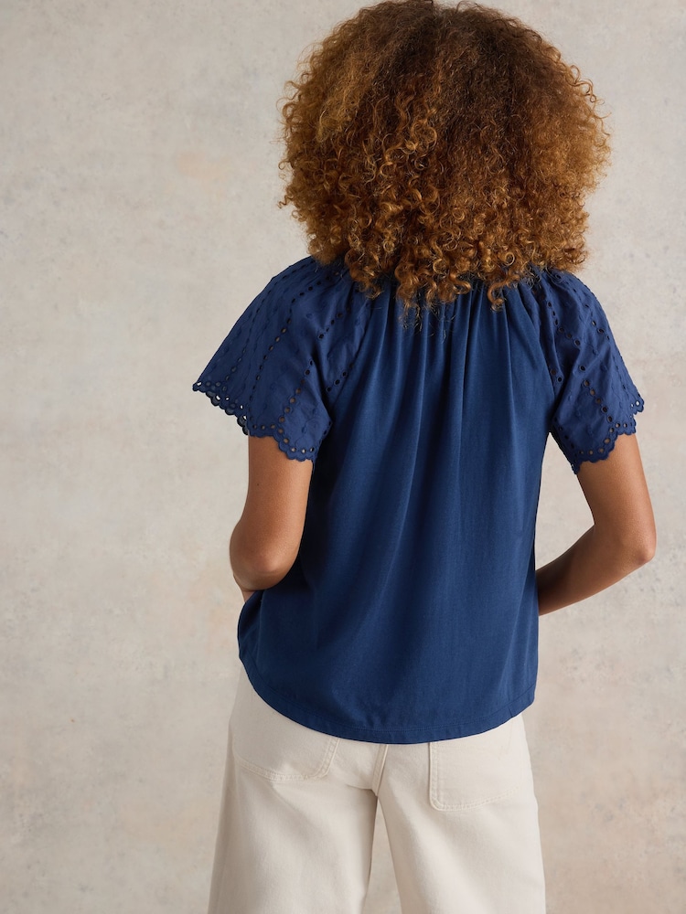 White Stuff Blue Flutter Sleeve Broderie Top - Image 2 of 6 White Stuff Blue Flutter Sleeve Broderie Top - Image 2 of 6