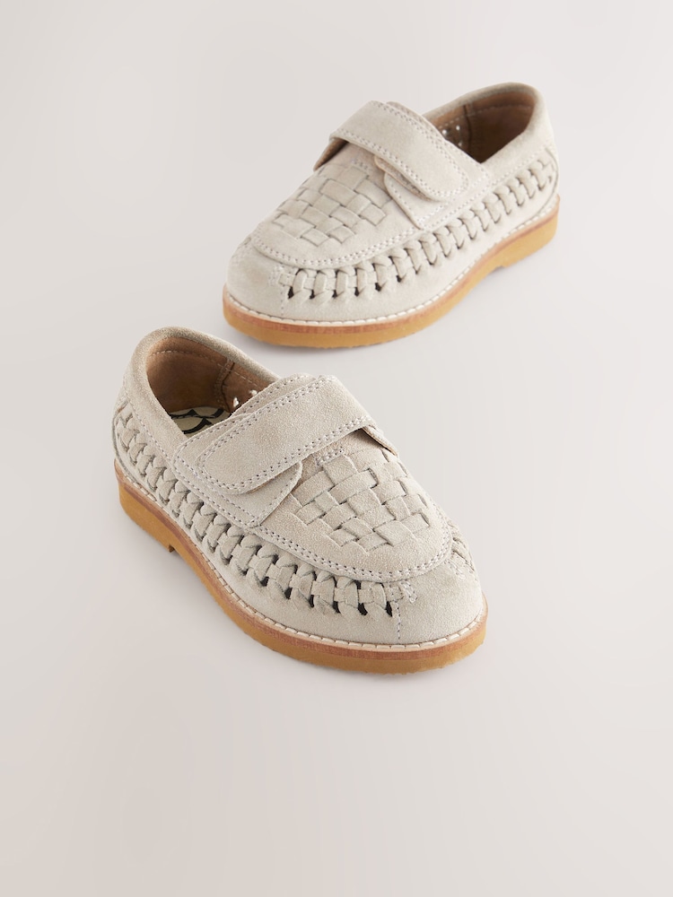 Neutral Suede Woven Loafers - Image 1 of 5