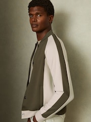 Reiss Sage Green/Off White Pelham Colourblock Jersey Varsity Jacket - Image 1 of 5