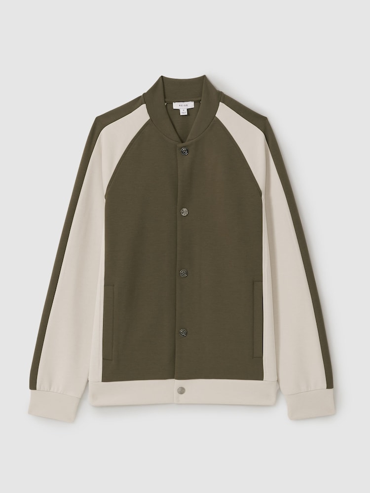 Reiss Sage Green/Off White Pelham Colourblock Jersey Varsity Jacket - Image 2 of 5