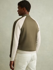 Reiss Sage Green/Off White Pelham Colourblock Jersey Varsity Jacket - Image 4 of 5