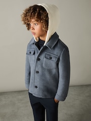 Reiss Airforce Blue Liam 9-13 yrs Removable-Hood Brushed-Twill Overshirt - Image 1 of 4