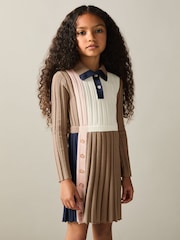 Reiss Camel Kleo 4-9 yrs Ribbed Colourblock Funnel Neck Dress - Image 3 of 4