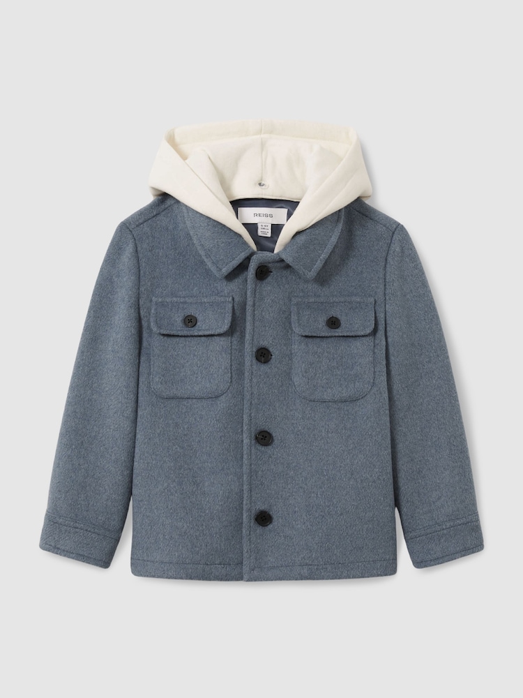 Reiss Airforce Blue Liam 3-9 yrs Removable-Hood Brushed-Twill Overshirt - Image 2 of 4