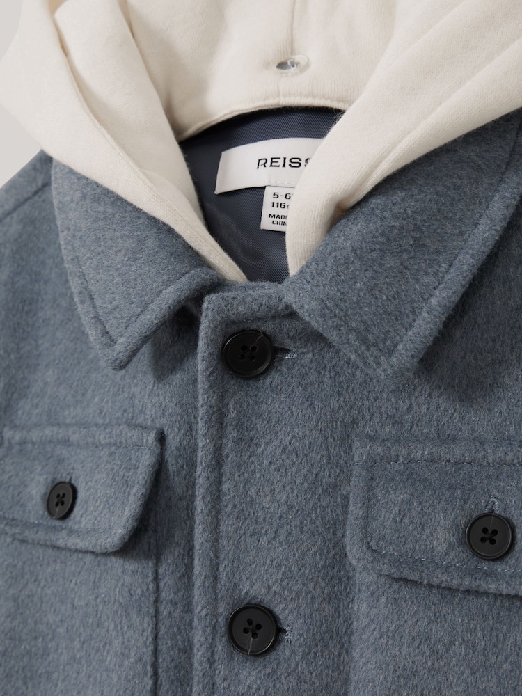 Reiss Airforce Blue Liam 3-9 yrs Removable-Hood Brushed-Twill Overshirt - Image 4 of 4