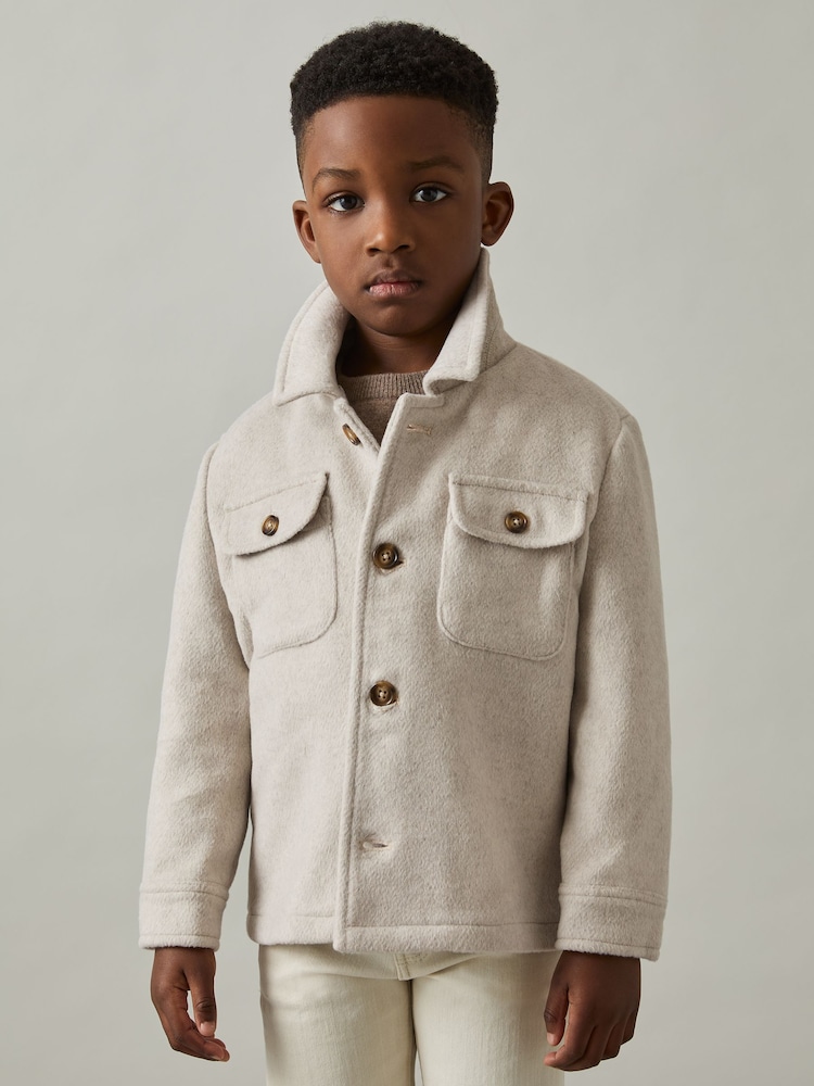 Reiss Stone Liam 3-9 yrs Removable-Hood Brushed-Twill Overshirt - Image 1 of 4