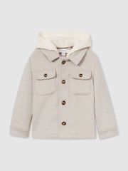 Reiss Stone Liam 3-9 yrs Removable-Hood Brushed-Twill Overshirt - Image 2 of 4