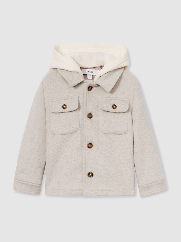Reiss Stone Liam 3-9 yrs Removable-Hood Brushed-Twill Overshirt - Image 2 of 4
