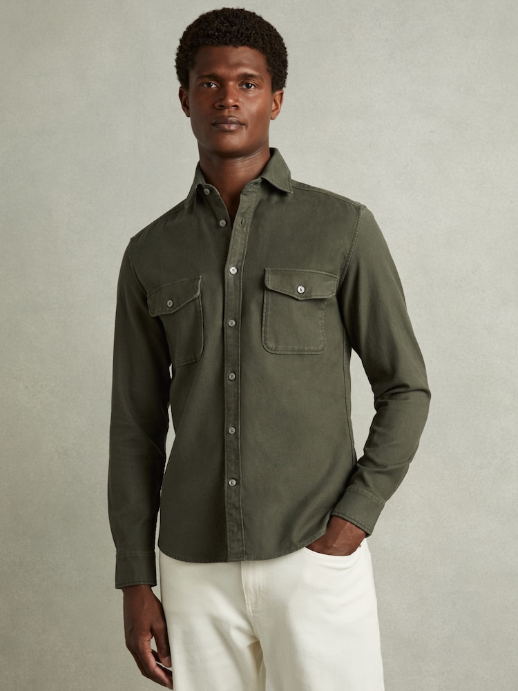 Reiss Khaki Green Caparzo Cotton Blend Canvas Overshirt - Image 1 of 6