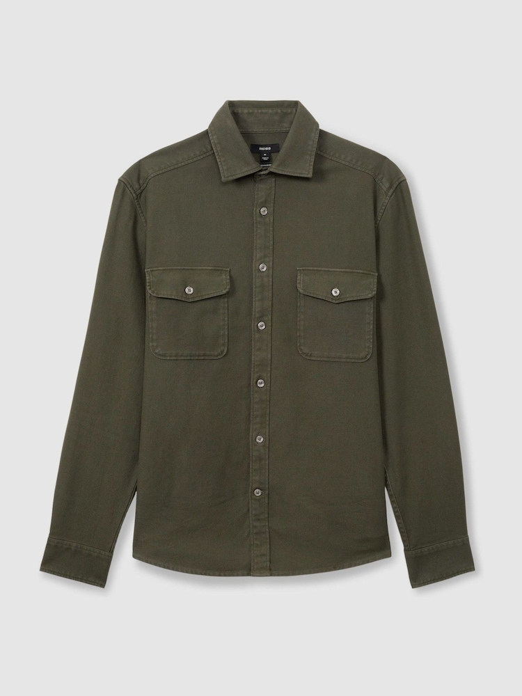 Reiss Khaki Green Caparzo Cotton Blend Canvas Overshirt - Image 2 of 6