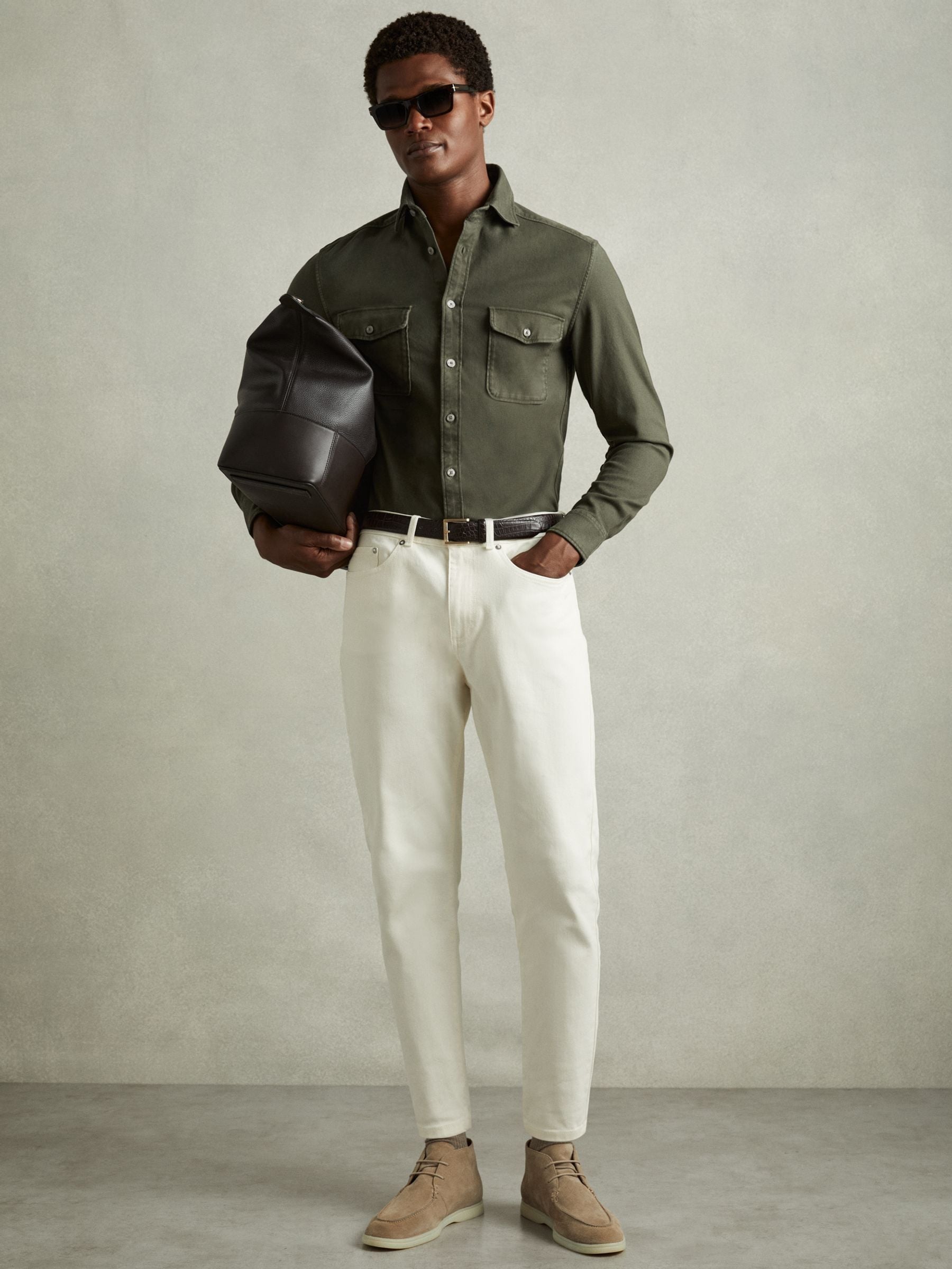 Buy Reiss Khaki Green Caparzo Cotton Blend Canvas Overshirt