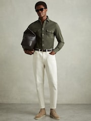 Reiss Khaki Green Caparzo Cotton Blend Canvas Overshirt - Image 3 of 6