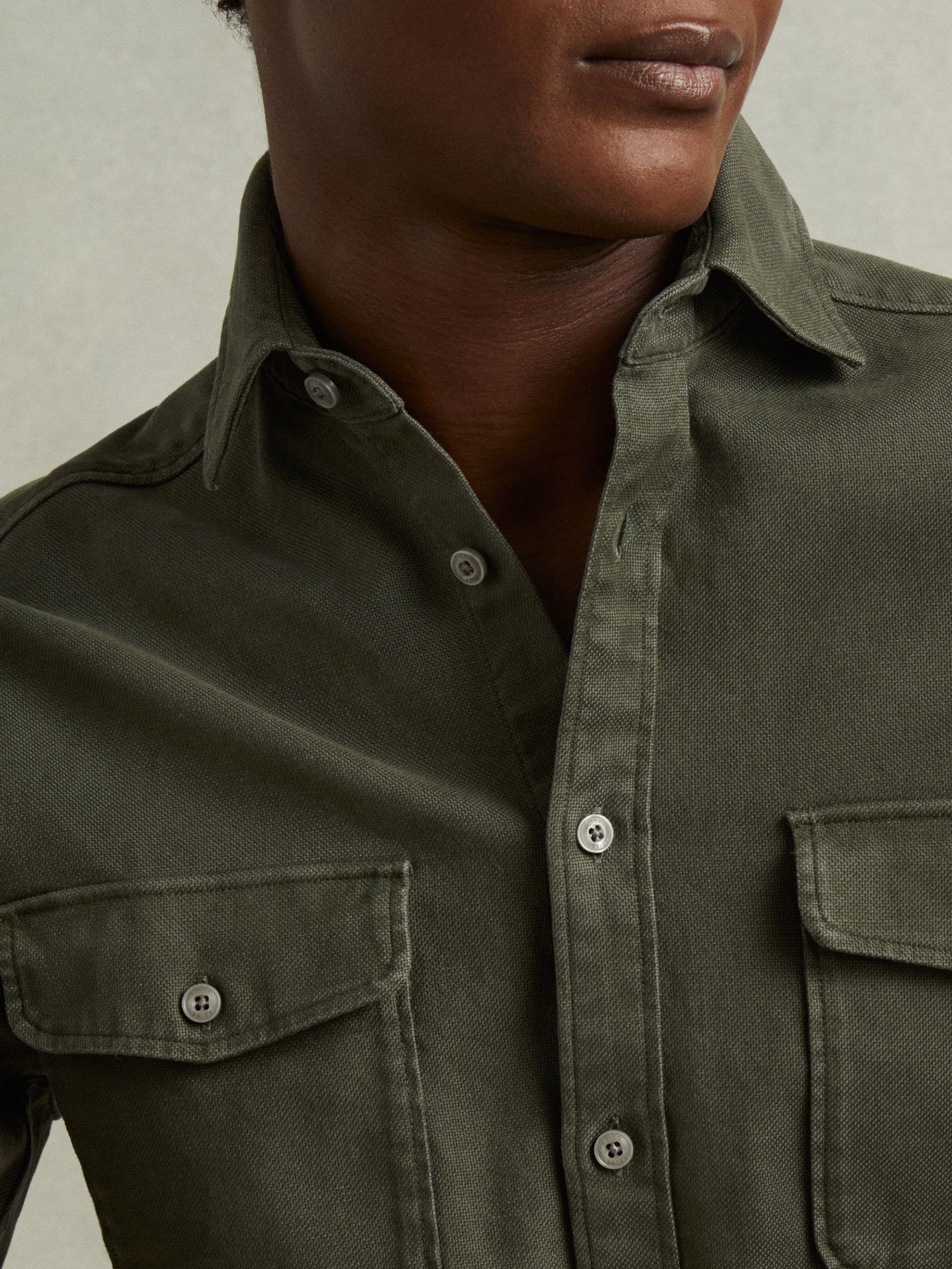 Buy Reiss Khaki Green Caparzo Cotton Blend Canvas Overshirt