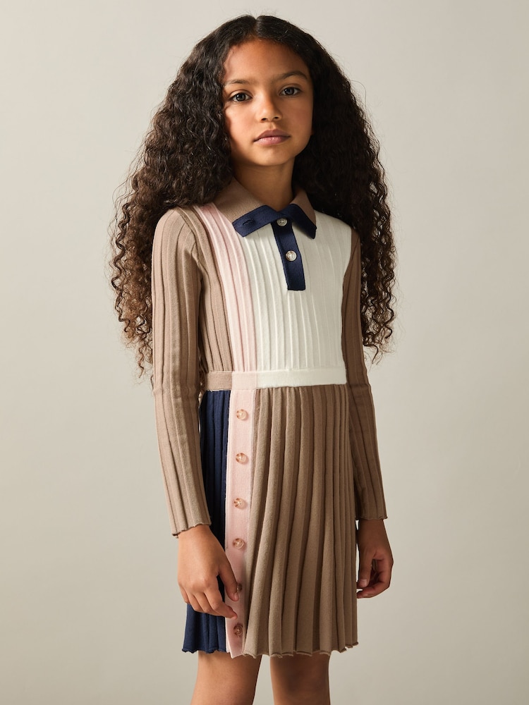 Reiss Camel Kleo 9-13 yrs Ribbed Colourblock Funnel Neck Dress - Image 1 of 4