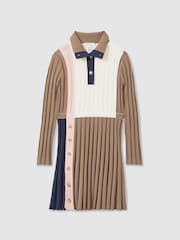 Reiss Camel Kleo 9-13 yrs Ribbed Colourblock Funnel Neck Dress - Image 2 of 4
