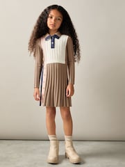 Reiss Camel Kleo 9-13 yrs Ribbed Colourblock Funnel Neck Dress - Image 3 of 4
