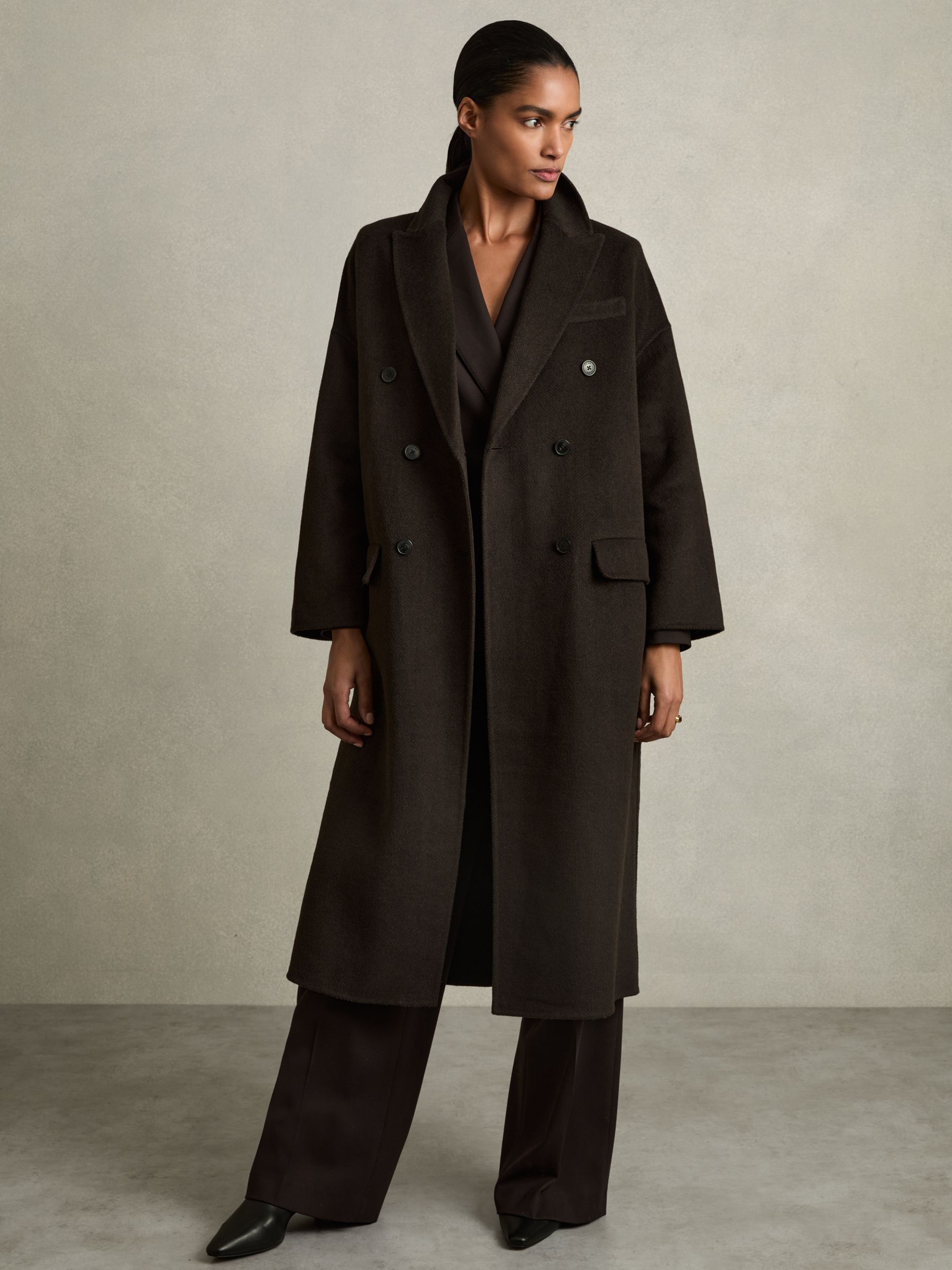 Buy Reiss Chocolate Lara Wool Blend Herringbone-Twill Coat from