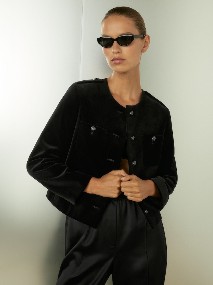 Reiss Black Viola Cropped Velvet Jacket - Image 1 of 6