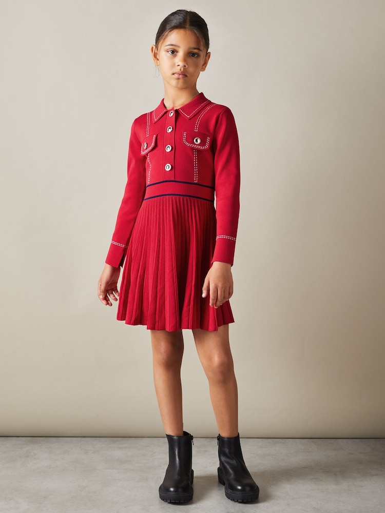 Reiss Red Sapna Knitted Contrast Stitch Dress - Image 1 of 5