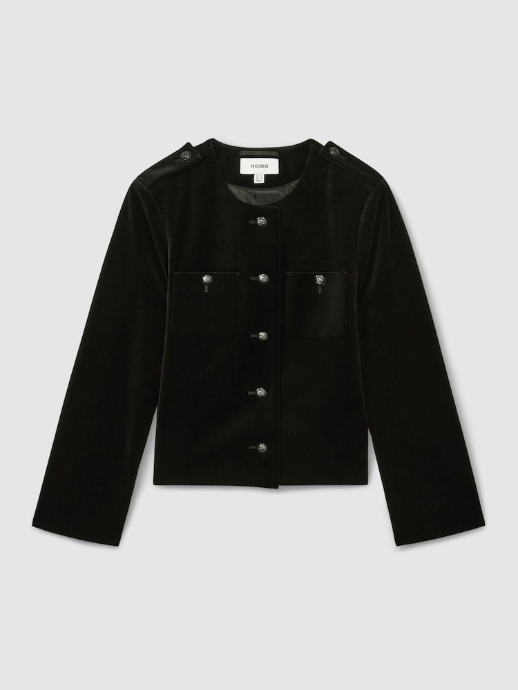 Reiss Black Viola Petite Cropped Velvet Jacket - Image 2 of 7