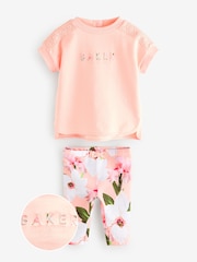 Baker by Ted Baker Peach Pink Top and Floral Leggings Set - Image 1 of 4