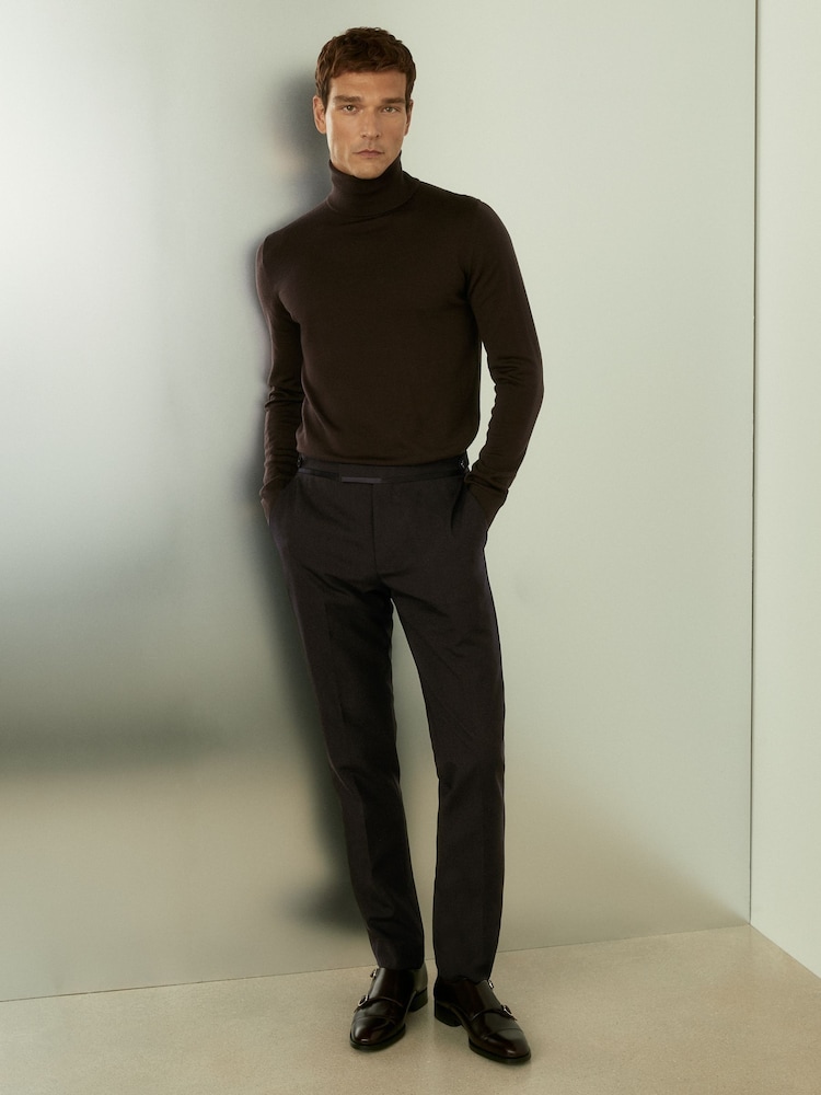 Reiss Brown Shadow Wool Tuxedo Trousers Slim Fit - Image 1 of 6