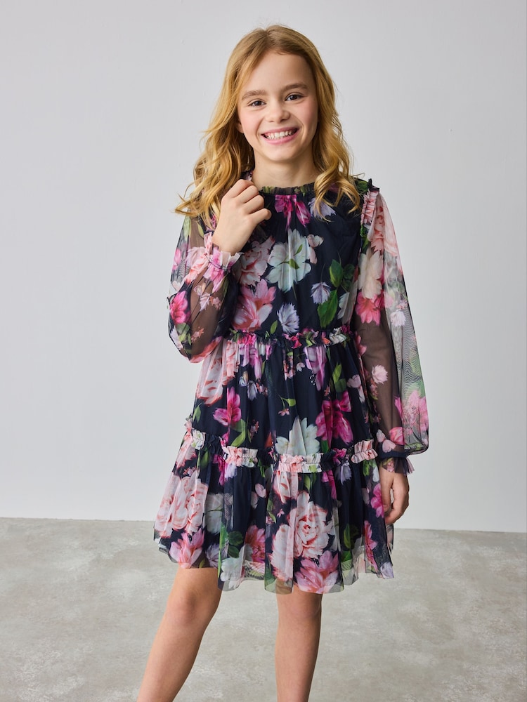 Baker by Ted Baker Navy Floral Bow Shoulder Tiered Mesh Dress - Image 1 of 9