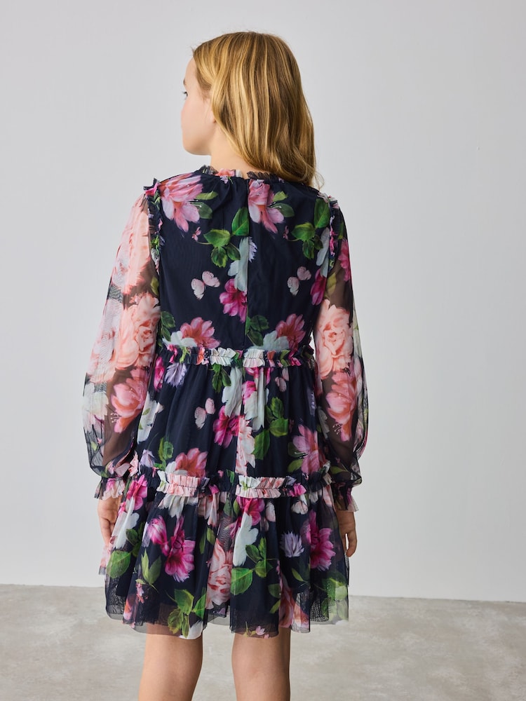 Baker by Ted Baker Navy Floral Bow Shoulder Tiered Mesh Dress - Image 2 of 9