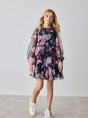 Baker by Ted Baker Navy Floral Bow Shoulder Tiered Mesh Dress - Image 3 of 9