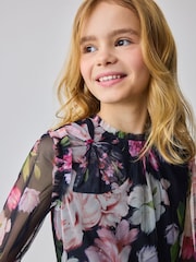 Baker by Ted Baker Navy Floral Bow Shoulder Tiered Mesh Dress - Image 4 of 9