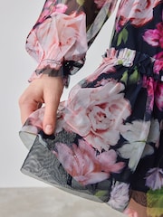 Baker by Ted Baker Navy Floral Bow Shoulder Tiered Mesh Dress - Image 5 of 9