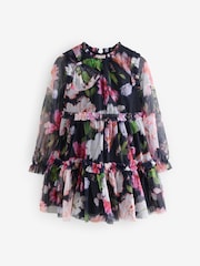 Baker by Ted Baker Navy Floral Bow Shoulder Tiered Mesh Dress - Image 6 of 9