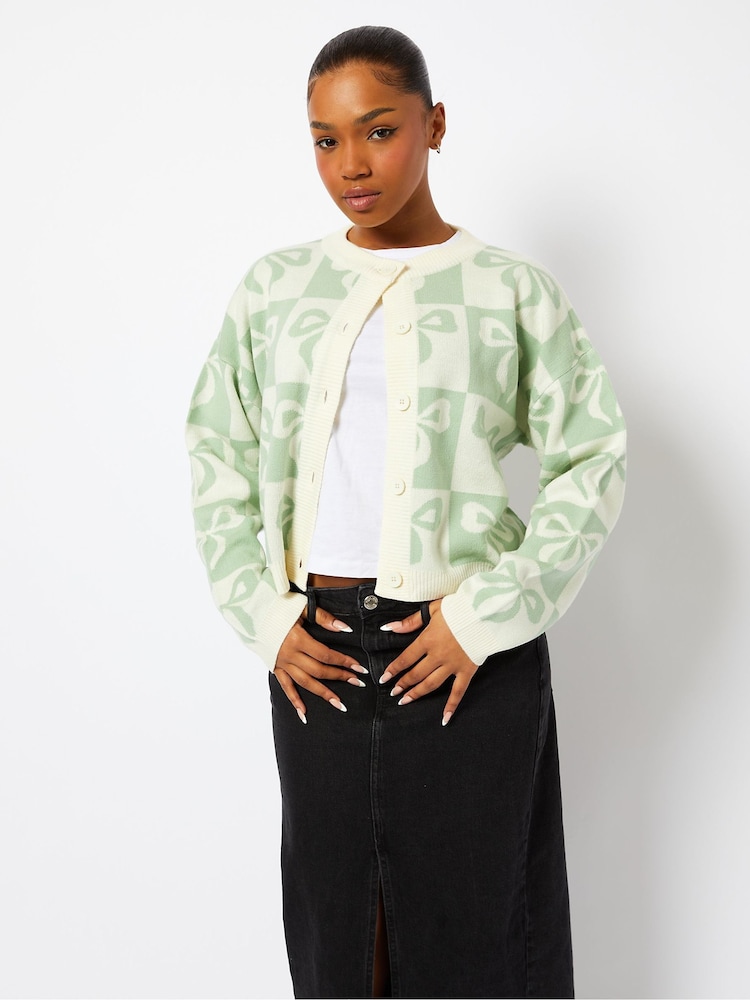 Sage Check Bow Knitted Cardigan - Image 2 of 5