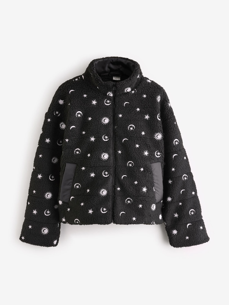 Black Sherpa Cropped Jacket with Embroidery - Image 1 of 2