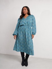Live Unlimited Curve Blue Paisley Shirred Detail Midi Dress - Image 1 of 4