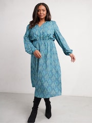 Live Unlimited Curve Blue Paisley Shirred Detail Midi Dress - Image 3 of 4