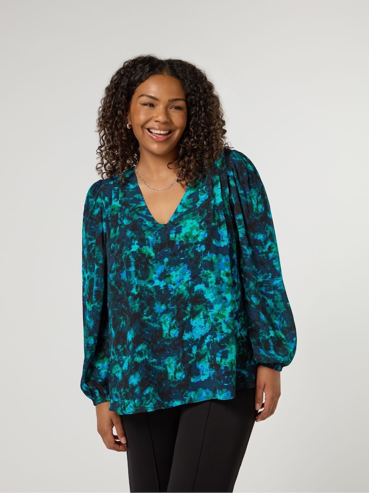 Live Unlimited Green Curve Multi Abstract Print V-Neck Pleat Front Blouse - Image 1 of 4