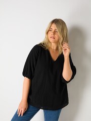 Live Unlimited Curve Textured Puff Sleeve Black Top - Image 1 of 4
