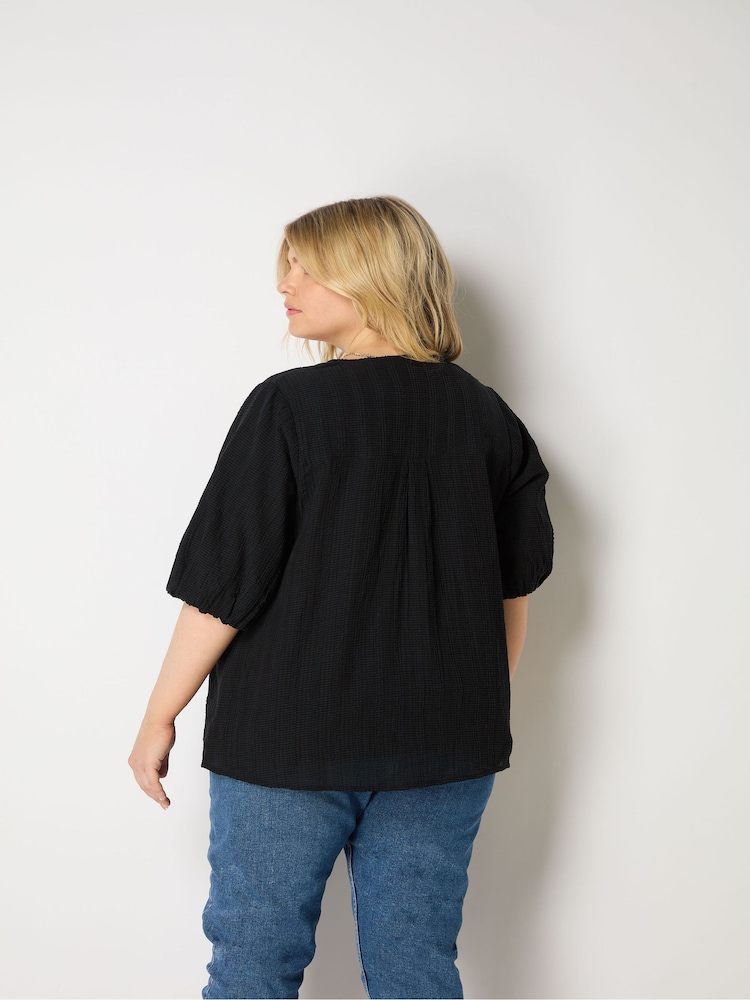 Live Unlimited Curve Textured Puff Sleeve Black Top - Image 2 of 4