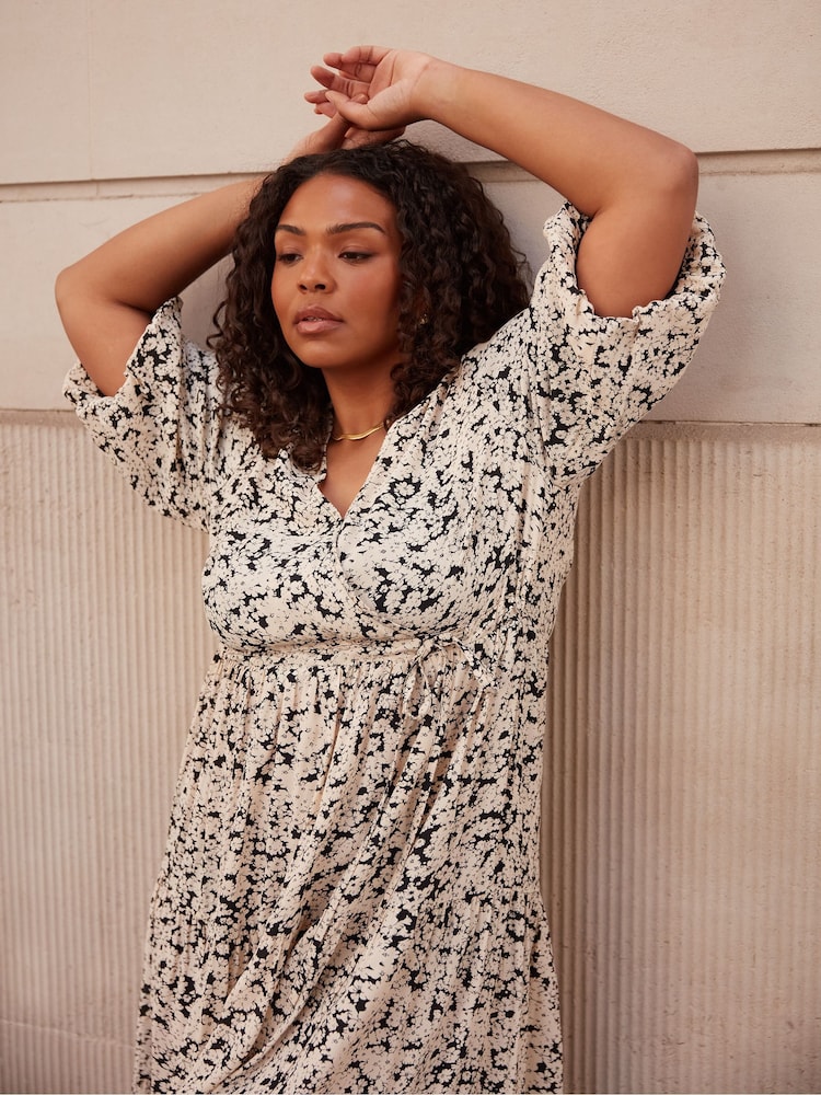 Live Unlimited Curve Mono Floral Wrap Midi Black Dress - Image 1 of 6 Live Unlimited Curve Mono Floral Wrap Midi Black Dress - Image 1 of 6