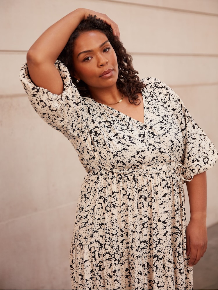 Live Unlimited Curve Mono Floral Wrap Midi Black Dress - Image 2 of 6 Live Unlimited Curve Mono Floral Wrap Midi Black Dress - Image 2 of 6