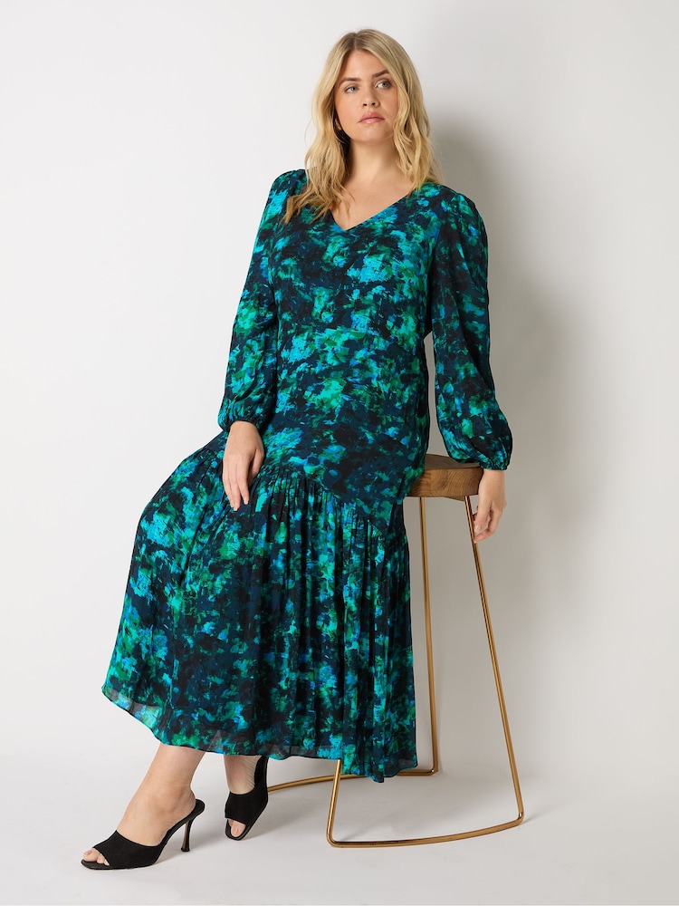 Live Unlimited Green Curve Multi Abstract Print Tiered Midaxi Dress - Image 2 of 4