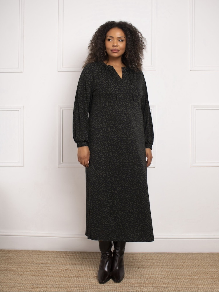 Live Unlimited Curve Khaki Green Dash Print V-Neck Midi Dress - Image 1 of 3