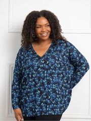 Live Unlimited Black/Blue Live Unlimited Curve Ditsy Jersey Long Sleeve Black/Blue Top - Image 1 of 3
