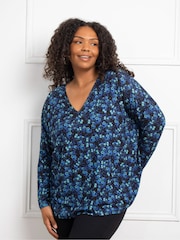Live Unlimited Black/Blue Live Unlimited Curve Ditsy Jersey Long Sleeve Black/Blue Top - Image 3 of 3